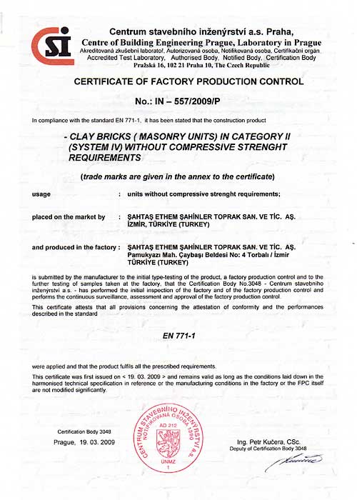 Sahtas CE EN 771-1 certificate for bricks