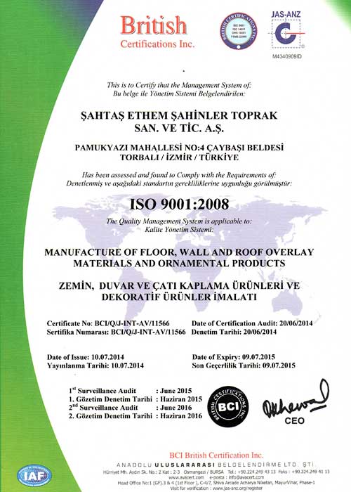 Sahtas ISO 9001:2008 Certificate