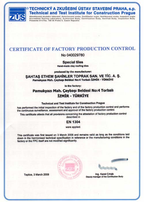 Sahtas CE EN 1304 certificate for handmade clay roof tiles